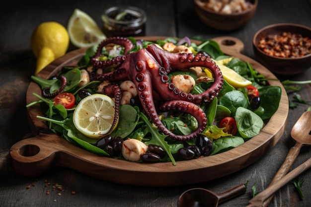 Une assiette de salade de poulpe aux épinards et au citron