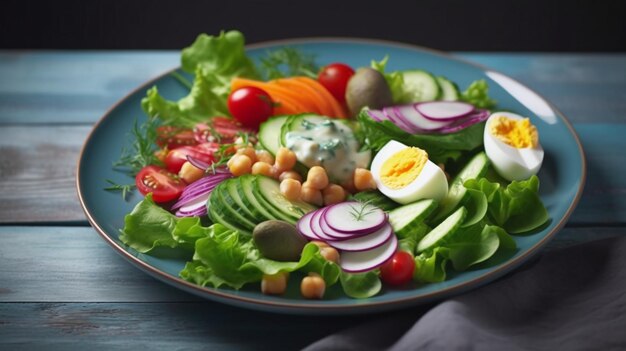 Une assiette de salade avec une salade de légumes et d'oeufs.