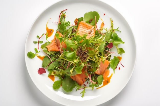 Une assiette de salade de saumon avec une sauce rouge et une sauce rouge.