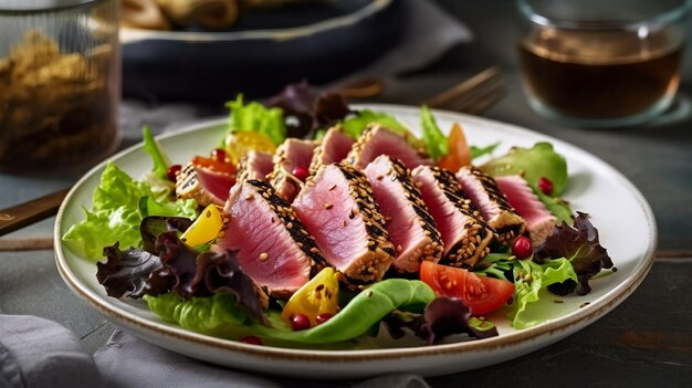 Une assiette de salade de thon avec une salade dessus