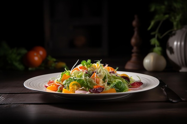 Une assiette de salade avec une tomate et de la laitue dessus