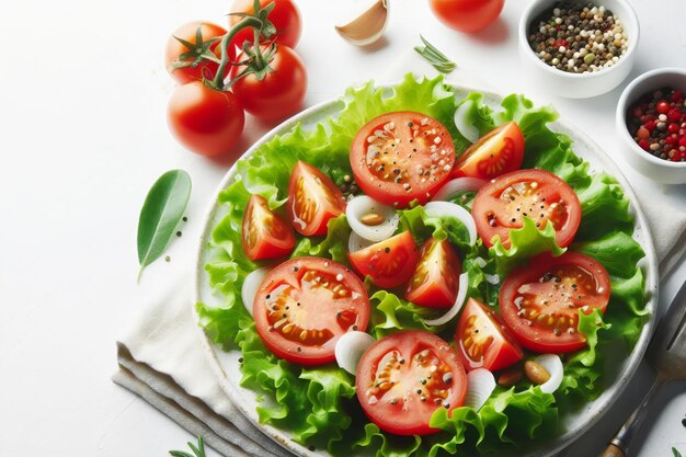 Photo une assiette de salade avec des tomates et de la laitue sur une table blanche