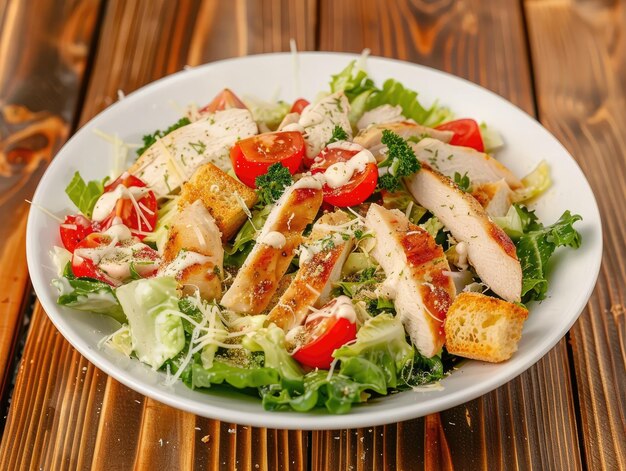 Photo une assiette de salade avec des tomates de poulet et de la laitue