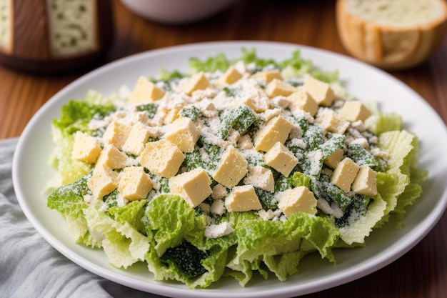 Une assiette de salade verte avec du fromage et du brocoli dessus.