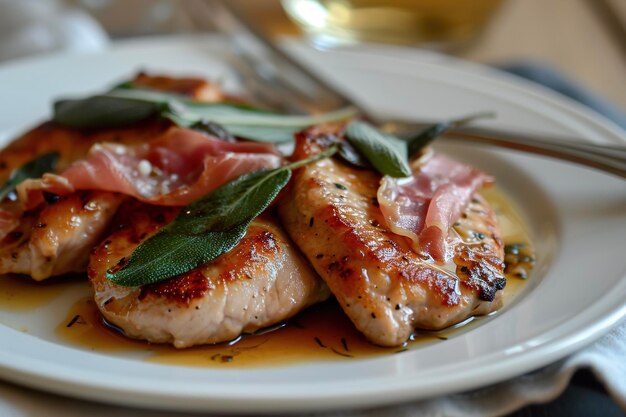 Photo une assiette de saltimbocca alla romana un plat romain classique fait avec des côtelettes de veau prosciutto et sauge