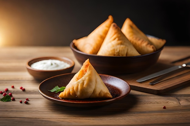 Une assiette de samoussas avec un bol de sauce à côté