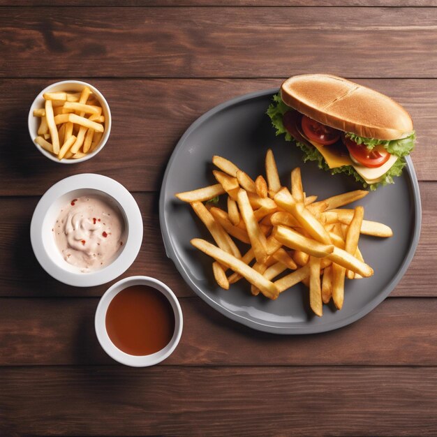 Une assiette avec un sandwich et un bol de frites