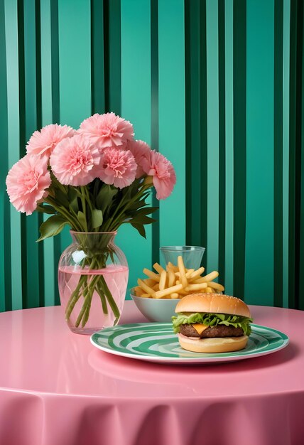 Photo une assiette avec un sandwich et des fleurs dessus