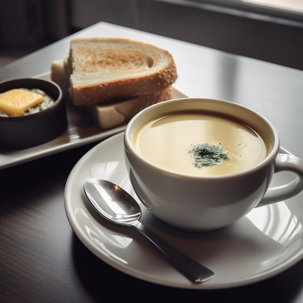 Une assiette avec un sandwich et une tasse de soupe avec une cuillère dessus.