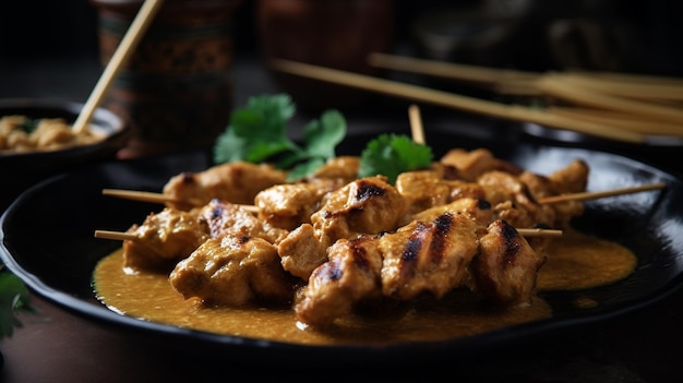 Une assiette de satay de poulet avec une cuillère en bois