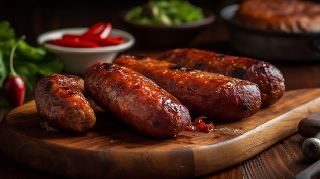 Une assiette de saucisses avec un bol de piment vert sur le côté