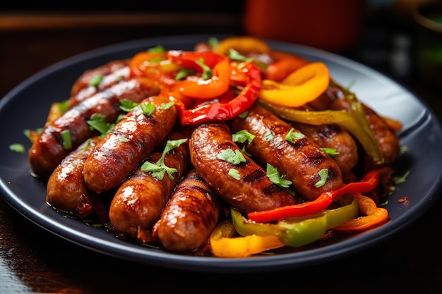 Une assiette de saucisses végétaliennes avec des poivrons sautés