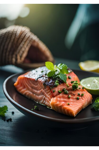 Une assiette de saumon avec un côté de limes