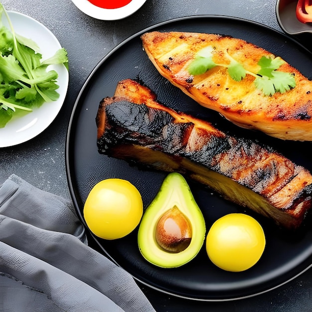 Une assiette de saumon grillé et d'avocat avec un côté d'avocat.