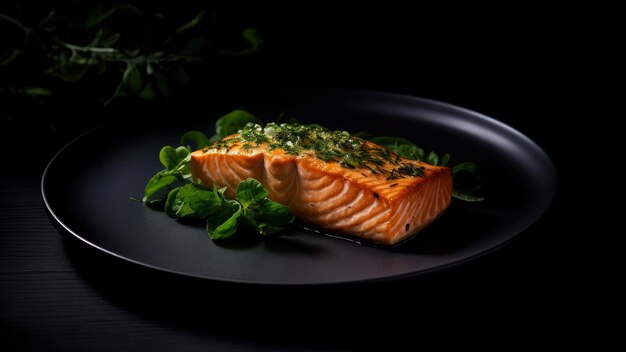 Une assiette de saumon avec un légume à feuilles vertes dessus.