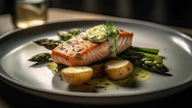 Une assiette de saumon avec une sauce verte dessus