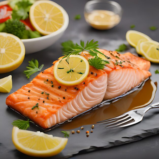 une assiette de saumon avec des tranches de citron et des herbes