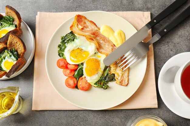 Assiette avec de savoureux œufs épinards et bacon sur table