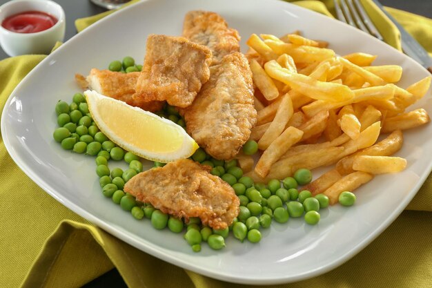 Photo assiette avec de savoureux poissons et frites frits avec des pois sur la table