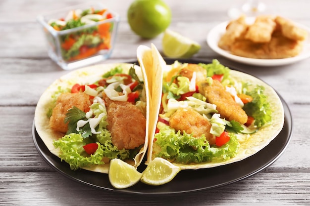 Assiette avec de savoureux tacos au poisson sur une table en bois