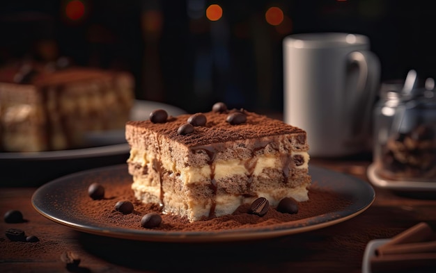 Une assiette de savoureux Tiramisu sur un fond de café photo de nourriture publicitaire professionnelle ai générée