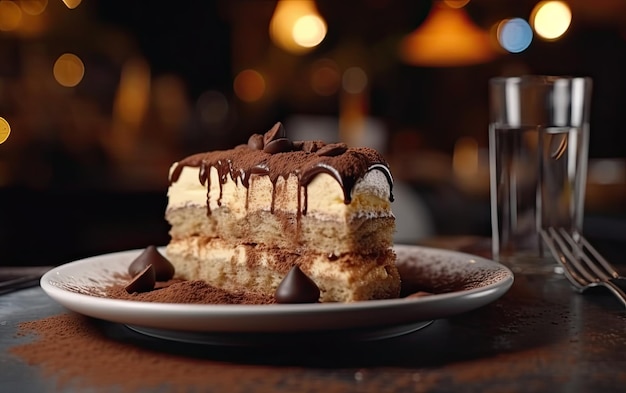 Une assiette de savoureux Tiramisu sur un fond de café photo de nourriture publicitaire professionnelle ai générée