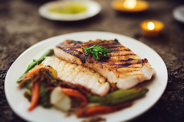 Assiette servie avec poisson blanc grillé et légumes