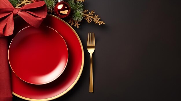 Assiette avec serviette rouge et couverts table de Noël minimale