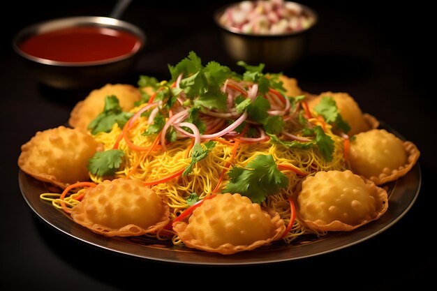 Photo une assiette de sev puri épicé et acidulé