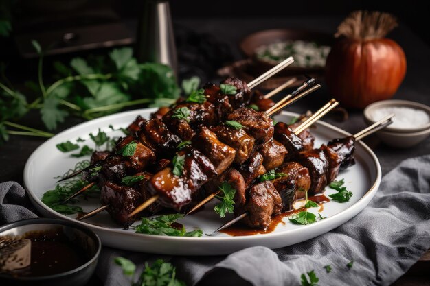 Assiette de shiskabob grillé garni d'herbes fraîches et arrosé de sauce barbecue