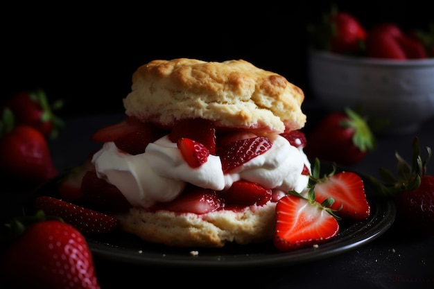 Une assiette de shortcake aux fraises avec de la crème fouettée et des fraises