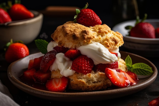 Une assiette de shortcake aux fraises avec de la crème fouettée et des fraises