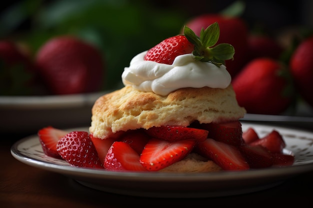 Une assiette de shortcake aux fraises avec une cuillerée de crème fouettée sur le dessus.