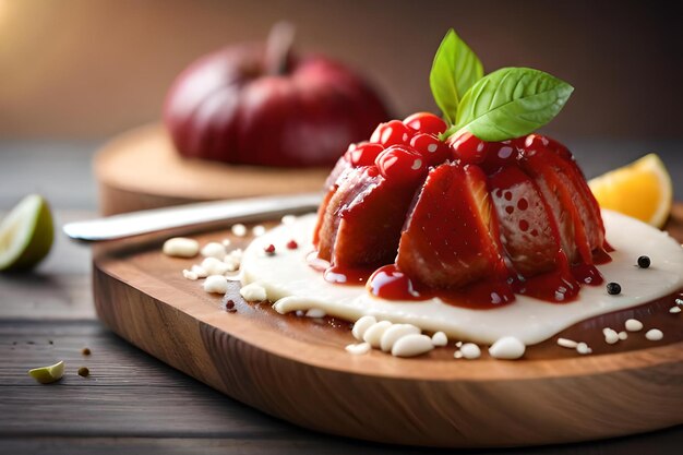 Une assiette de shortcake aux fraises avec une sauce aux fraises sur le dessus.