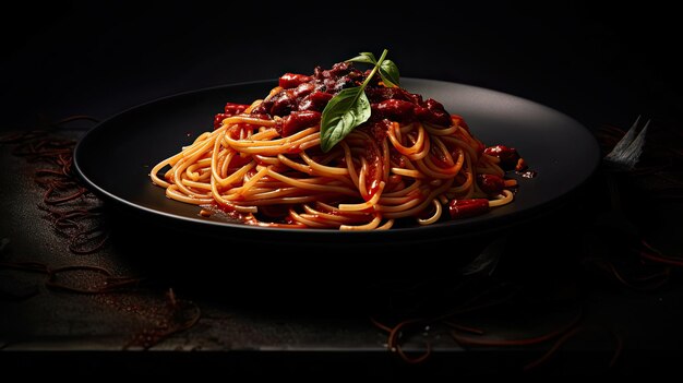 Assiette sombre avec des spaghettis italiens sur fond sombre