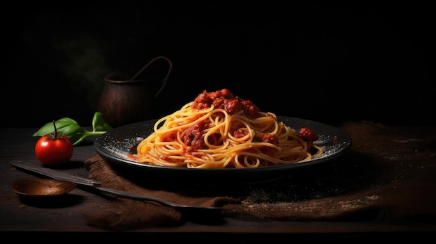 Assiette sombre avec des spaghettis italiens sur fond sombre