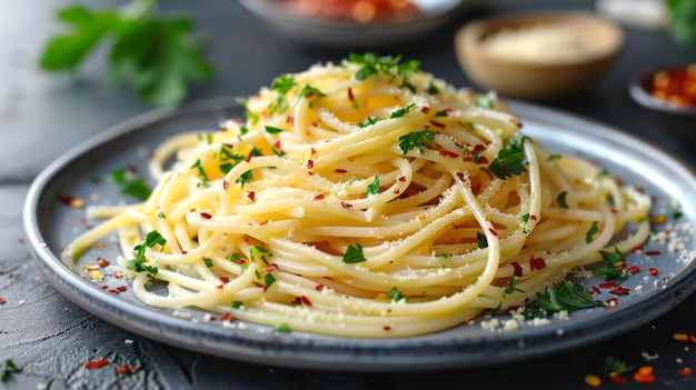 Une assiette de spaghettis aglio e olio avec du persil et des flocons de piment
