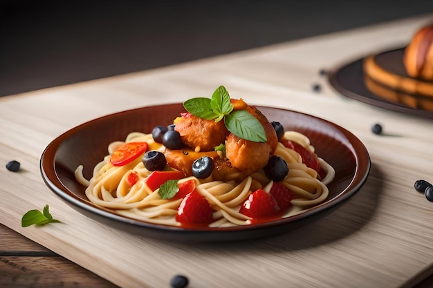 Une assiette de spaghettis au poulet et aux olives dessus