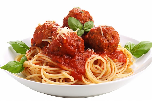 Une assiette de spaghettis aux boulettes de viande et feuilles de basilic