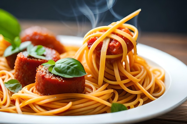 Une assiette de spaghettis aux boulettes de viande et sauce tomate.