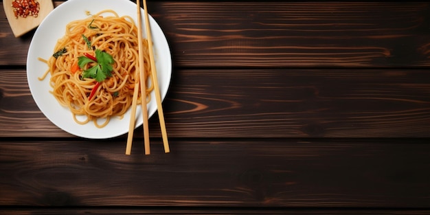 Une assiette de spaghettis avec des baguettes sur une table en bois.