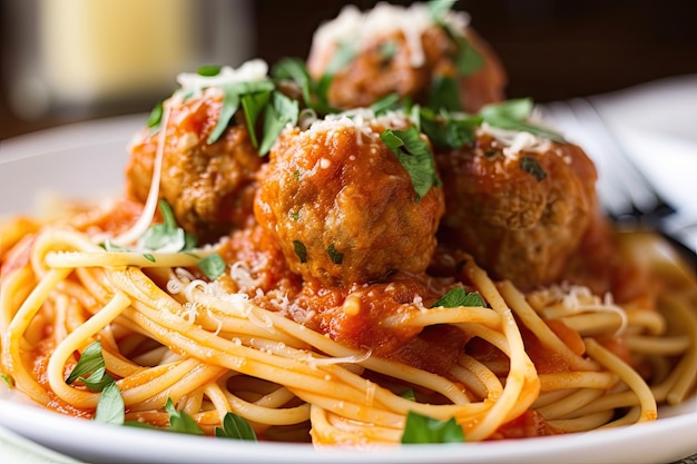 Assiette de spaghettis et boulettes de viande prêtes à être mangées créées avec une IA générative