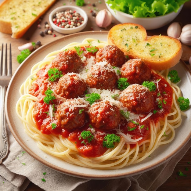 Une assiette de spaghettis et de boulettes de viande avec une riche sauce tomate