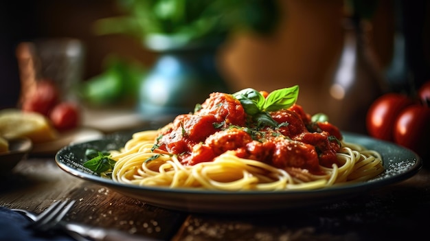 Une assiette de spaghettis avec des boulettes de viande et de la sauce dessus