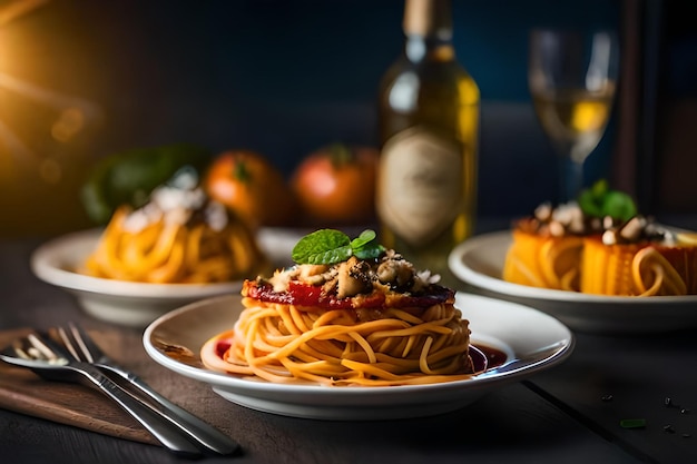 Photo une assiette de spaghettis avec une bouteille de vin à côté