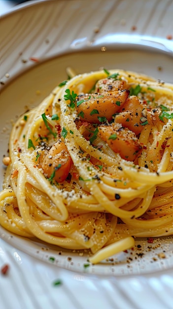 une assiette de spaghettis avec des crevettes et des tomates