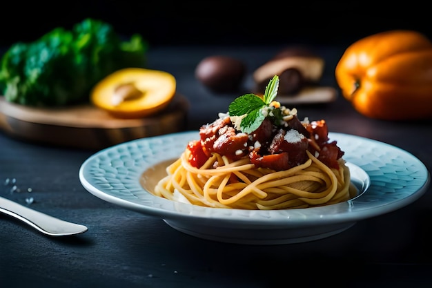 une assiette de spaghettis avec une cuillère à côté d'une assiette de nourriture