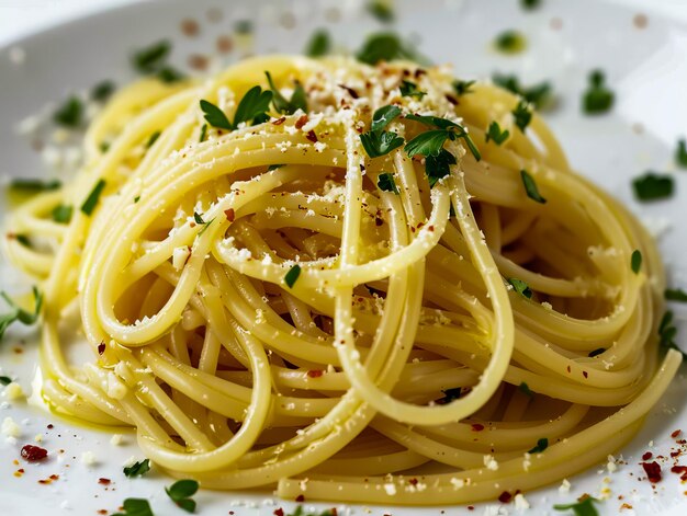 Une assiette de spaghettis avec du persil et du fromage parmesan