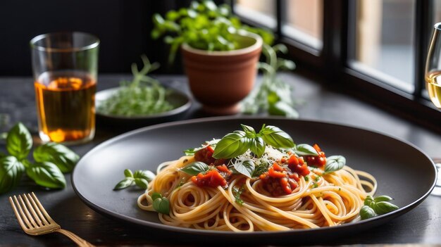 une assiette de spaghettis est magnifiquement arrangée avec un mélange de légumes colorés succulents