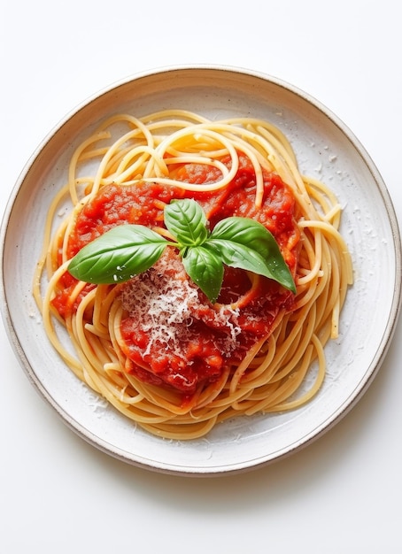 Une assiette de spaghettis avec une feuille de basilic sur le dessus